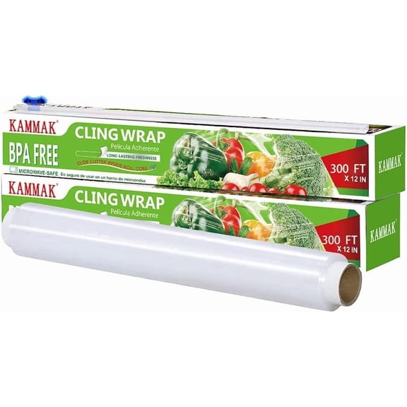Plastic Wrap, Food Wrap with Slide Cutter, Cling 12 inch Service Clear Film 2 Pack 300 Square FT Roll BPA-Free Microwave-Safe Kitchen Quick Cut