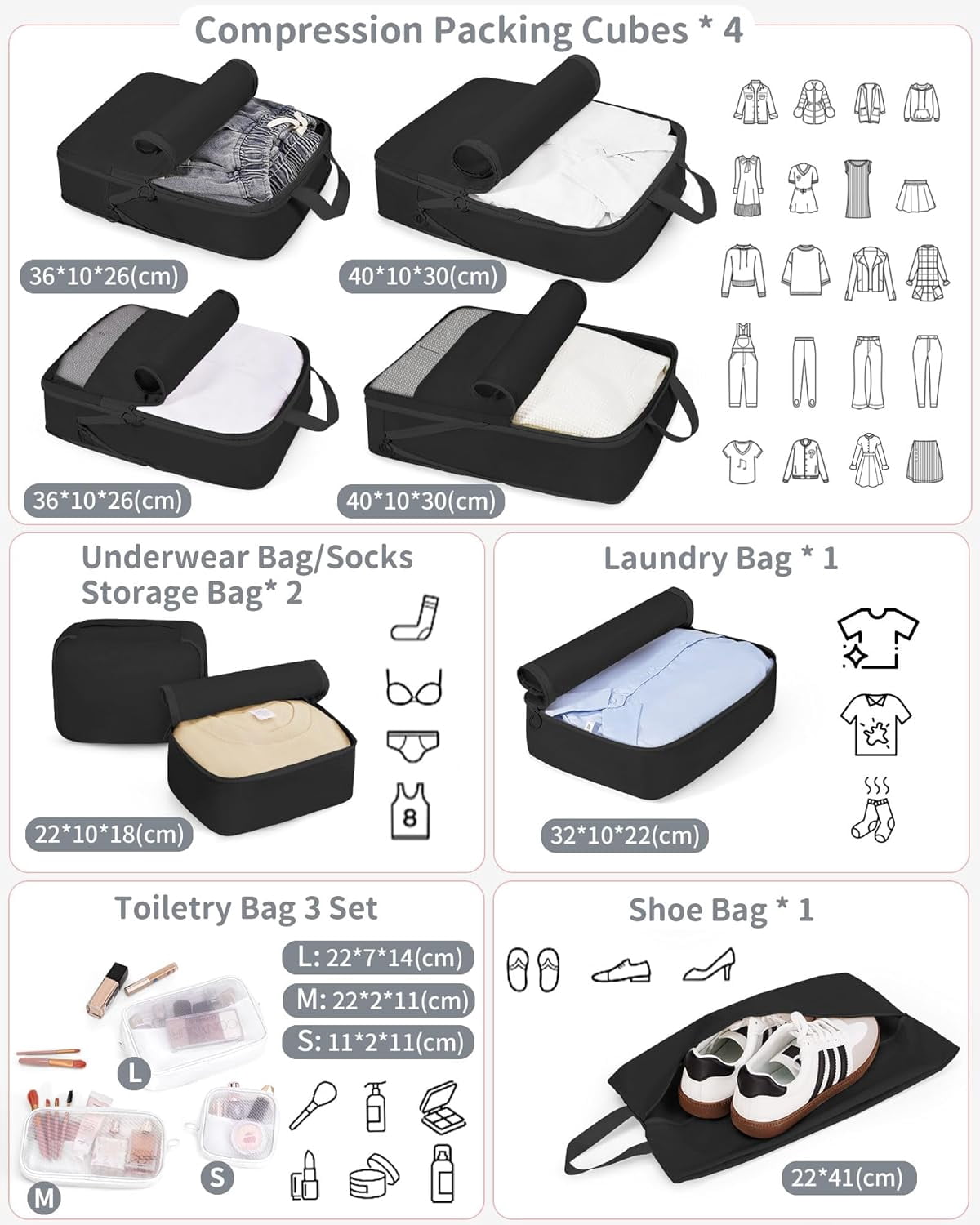Compression Packing Cubes 11 Set, Suitcase Organizers, Luggage Organizer Bags for Storage, Extendable Packing Cubes for Travel Compression, Travel Essentials