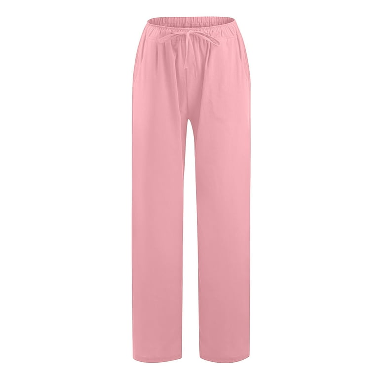 JWZUY Womens Solid Straight Wide Leg Ankle Length Drawstrijg Elastic Waist  Pant Comfy Loose Fit Summer Trendy Pants Pink XL 