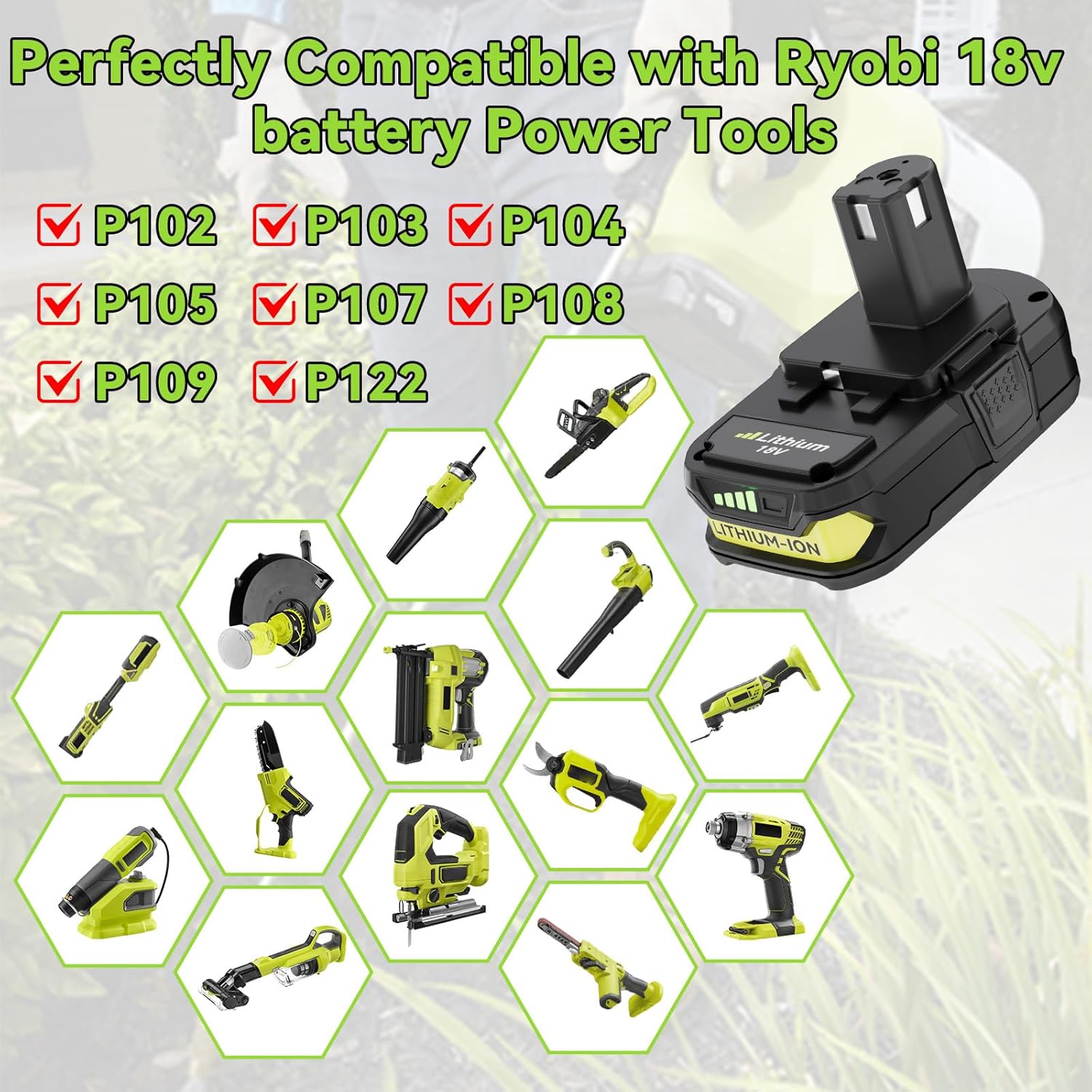 2Pack 3.0Ah High Capacity P108 Replacement for Ryobi 18V Battery Lithium Ion P102 P103 P104 P105 P107 P108 P109 P122 Compatible with Ryobi Cordless Power Tools