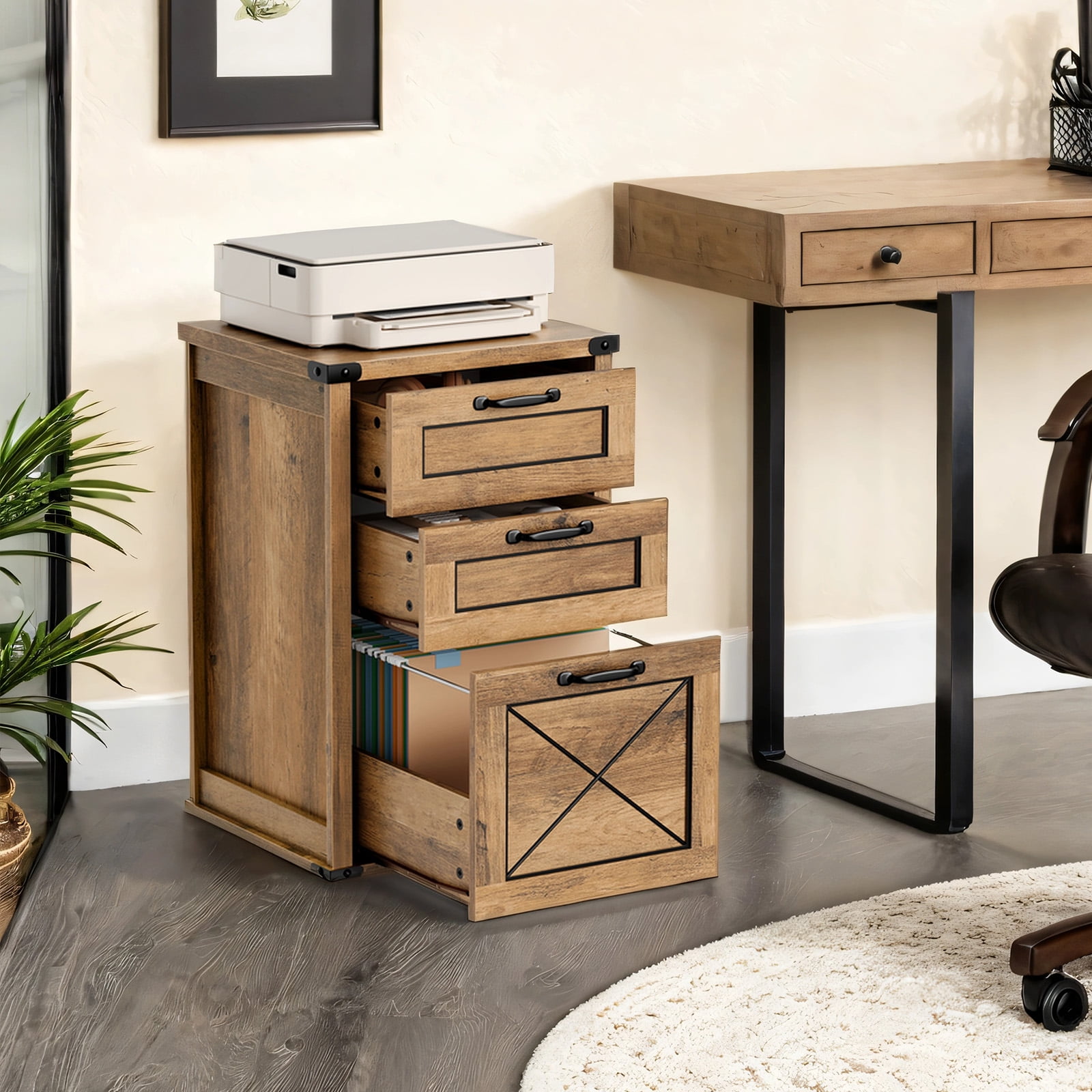 LEDREM 3-Drawer File Cabinet with Hanging Rail, Modern Farmhouse Style Printer Stand for Home Office, Fits A4/Letter Size, Honey Brown