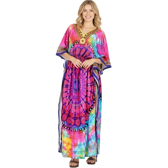 HAPPY BAY Women's Summer African Beach Maxi Slit Dresses Caftan Loungewear Dashiki Print Casual Cover up Caftans for Women 2X-3X Candy, Mandala