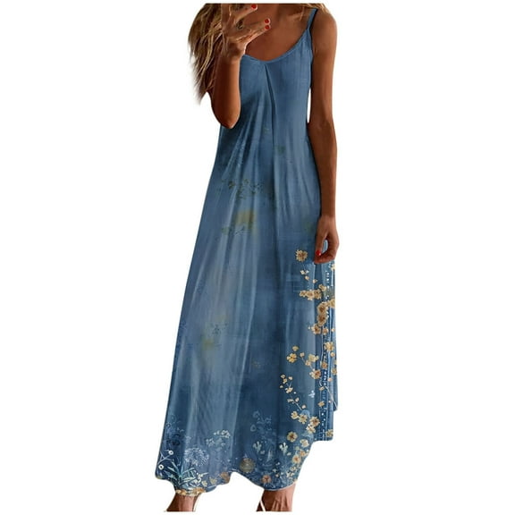 Uaswgudfs Sleeveless Spaghetti Strap Midi Dress for Women - Starry V-Neck Flowy Summer Sundress with Breezy Casual Tank Silhouette