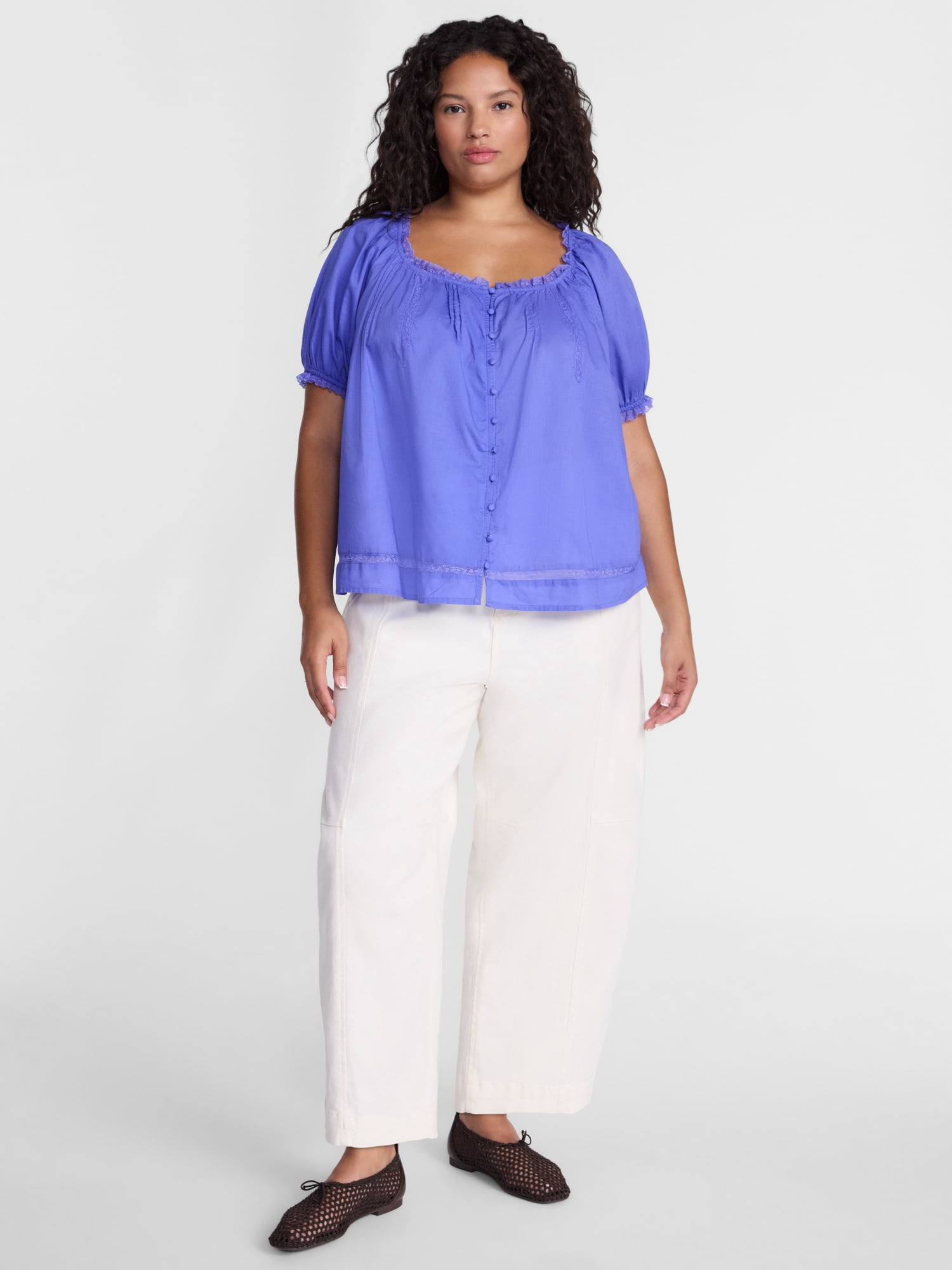 Terra & Sky Women's Plus Button Front Cotton Swing Top with Short Sleeves, Sizes 0X-5X