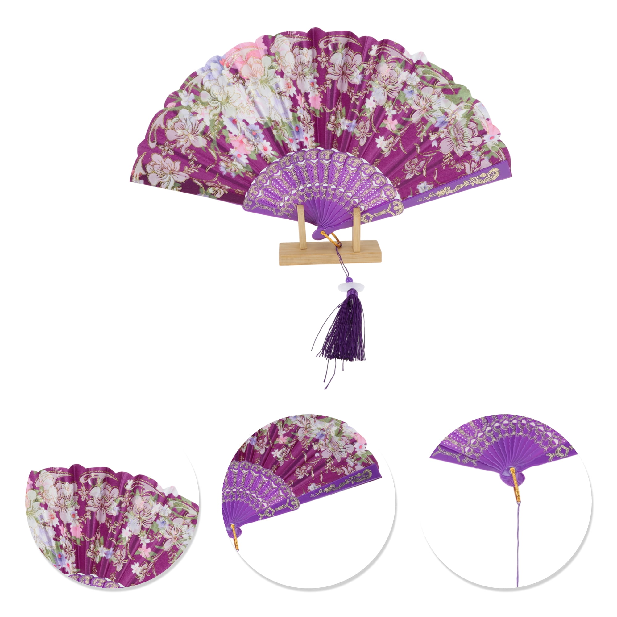 Unique Bargains Floral With Tassel Folding Fan 1Pc Purple