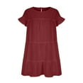 thumbnail image 5 of Cotton Linen Sundresses for Women Ruffle Short Sleeve Layered Hem Mini Dress Casual Solid Color Crewneck Keyhole Back Dresses, 5 of 7