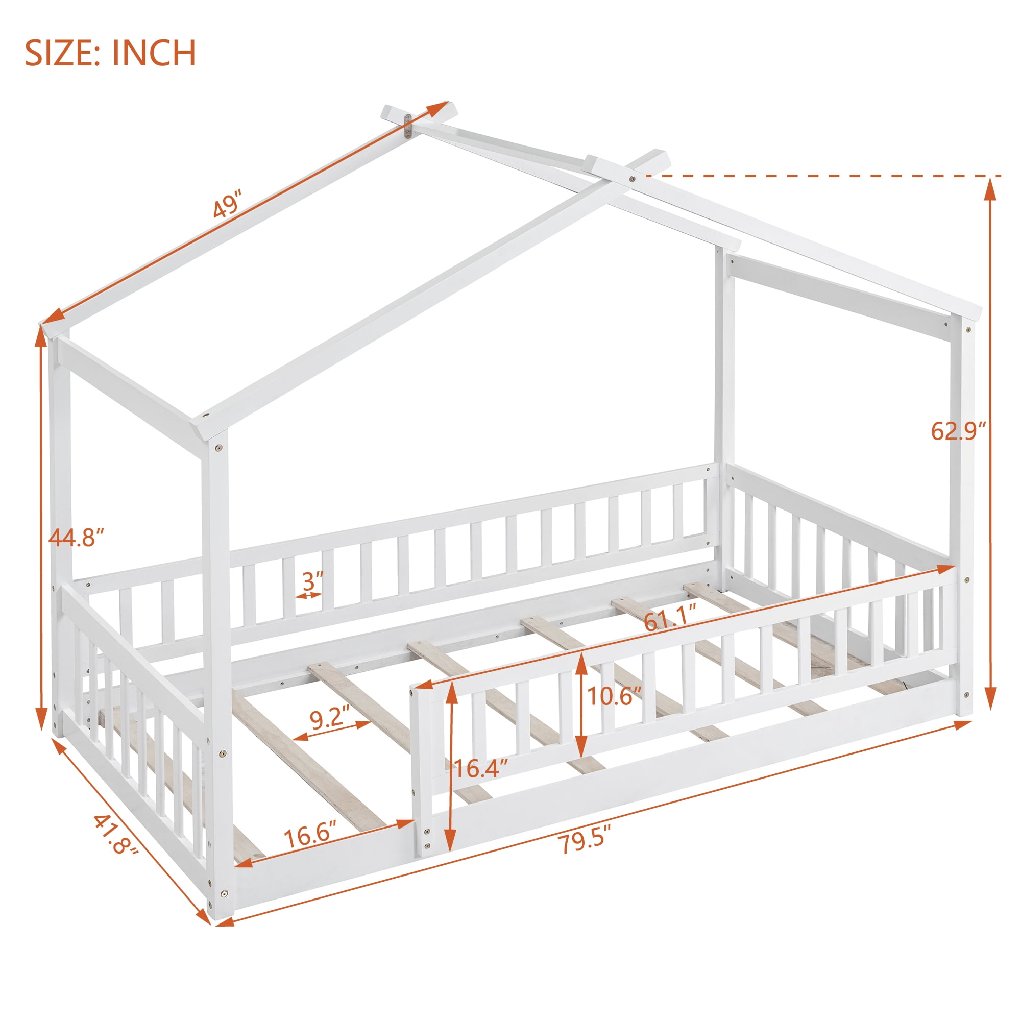 Twin Size Floor Bed with Fence Railings,Wooden Montessori House Bed Frame with Roof Design and Fence Guardrails,Playhouse Bed Low Bed Frame for Girls Boys Bedroom,Easy Assemble,White