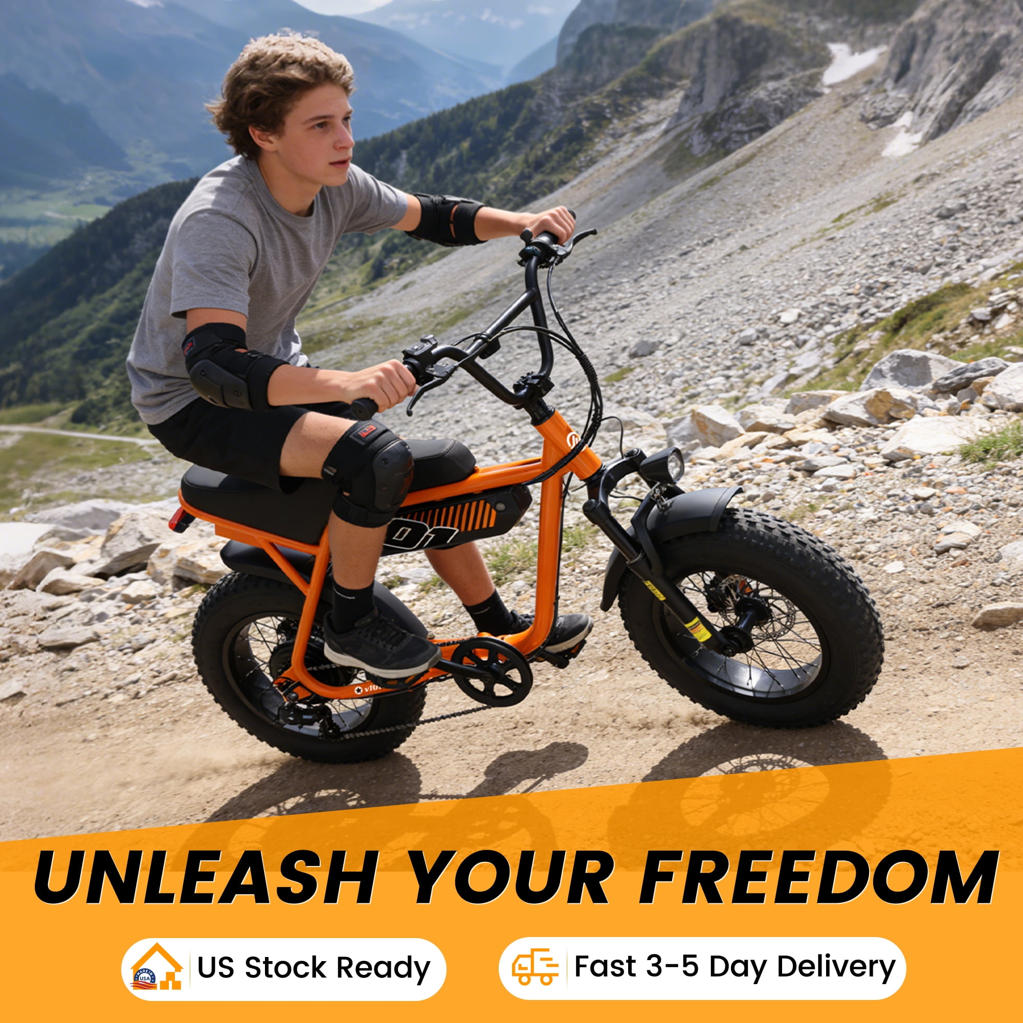 Adult & Teen Electric Bike – 750W Peak (1500W Max) Motor, 28 MPH, 48V 13Ah Battery, 16"x4.0" Fat Tires, 7-Speed, Front Suspension All-Terrain E-Bike, Orange with Phone Bag & Lock
