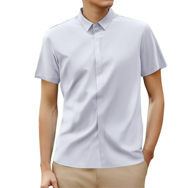Men's Business Casual Tee Shirt Solid Color Short Sleeve Button Down Wear Smooth Comfortable Top