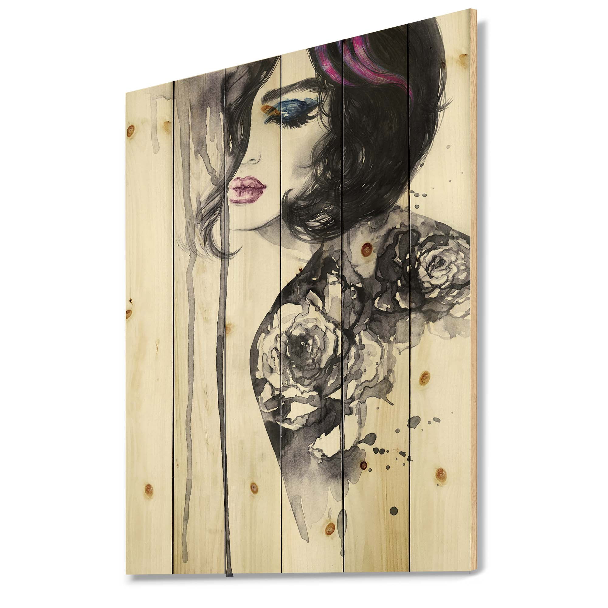 Designart 'Monochrome Female Portrait With Colorful Makeup' Modern Print on Natural Pine Wood