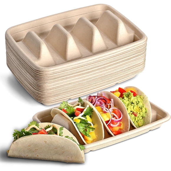 Ihvewuo 50pcs Taco Plates Reusable 3 Compartments Taco Serving Plates Stackable Taco Tray Holder No Mess Taco Plates Keeps Your Tacos Upright Microwave Safe for Taco Pita Bread Party