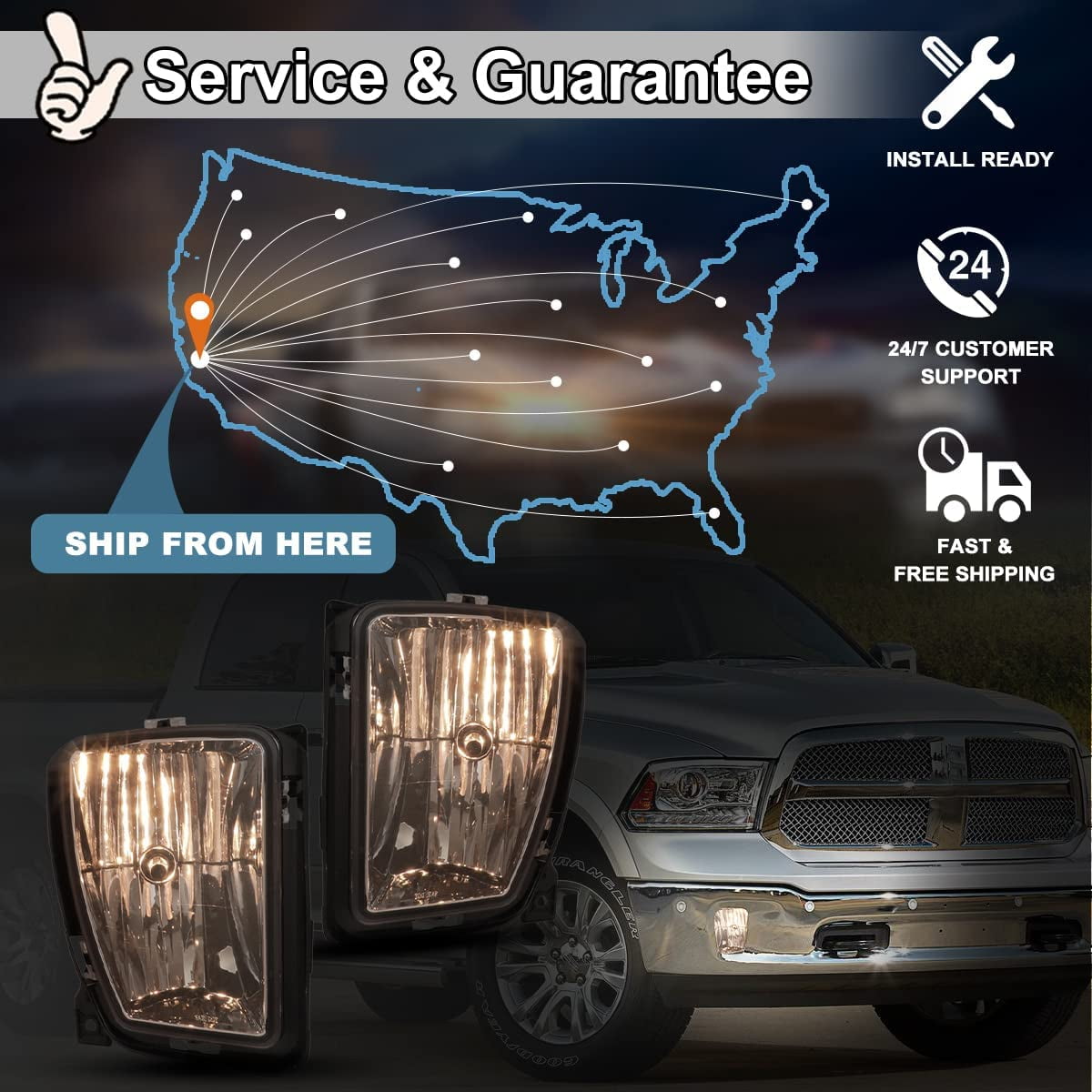 For 2013-2018 Dodge Ram 1500 Fog Lights Bumper Driving Lamps Clear Lens Pair