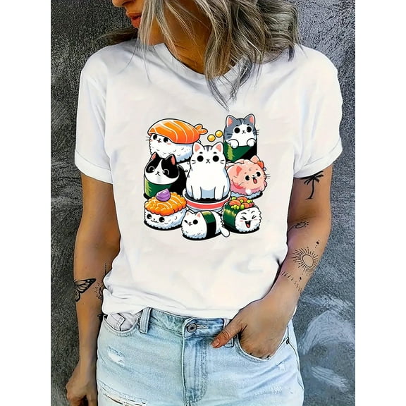 Women's Casual Short Sleeve T-Shirt with Cute Sushi Cat Print - Round Neck Stretchy Comfort Fit, Machine Washable All-Season Top for Casual Attire & Clothing,