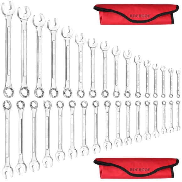 ROCHOOF Ensemble de Clés Combinées, 33 Pcs Clés en Acier Chromé Vanadium 12 Points SAE & Clés Métriques 1/4 Pouces-1 Pouces et 6-22mm avec Pochette Roulante