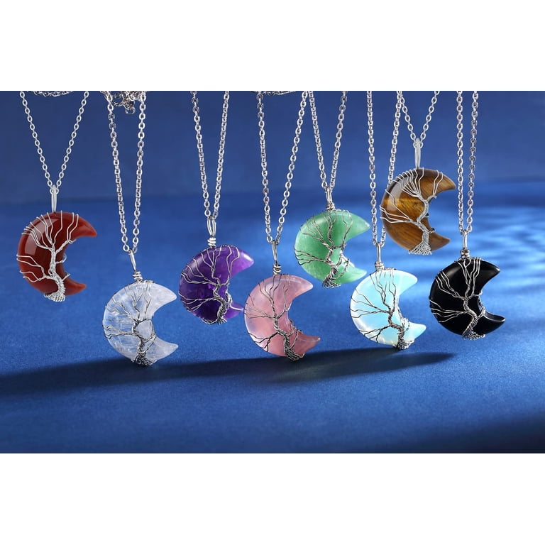 Collar De Piedra Energética Con Diseño Hoja Y Luna – Colgante Facetado En Plata Antigua | Cadena De 50cm | Ideal Como Amuleto De Protección
