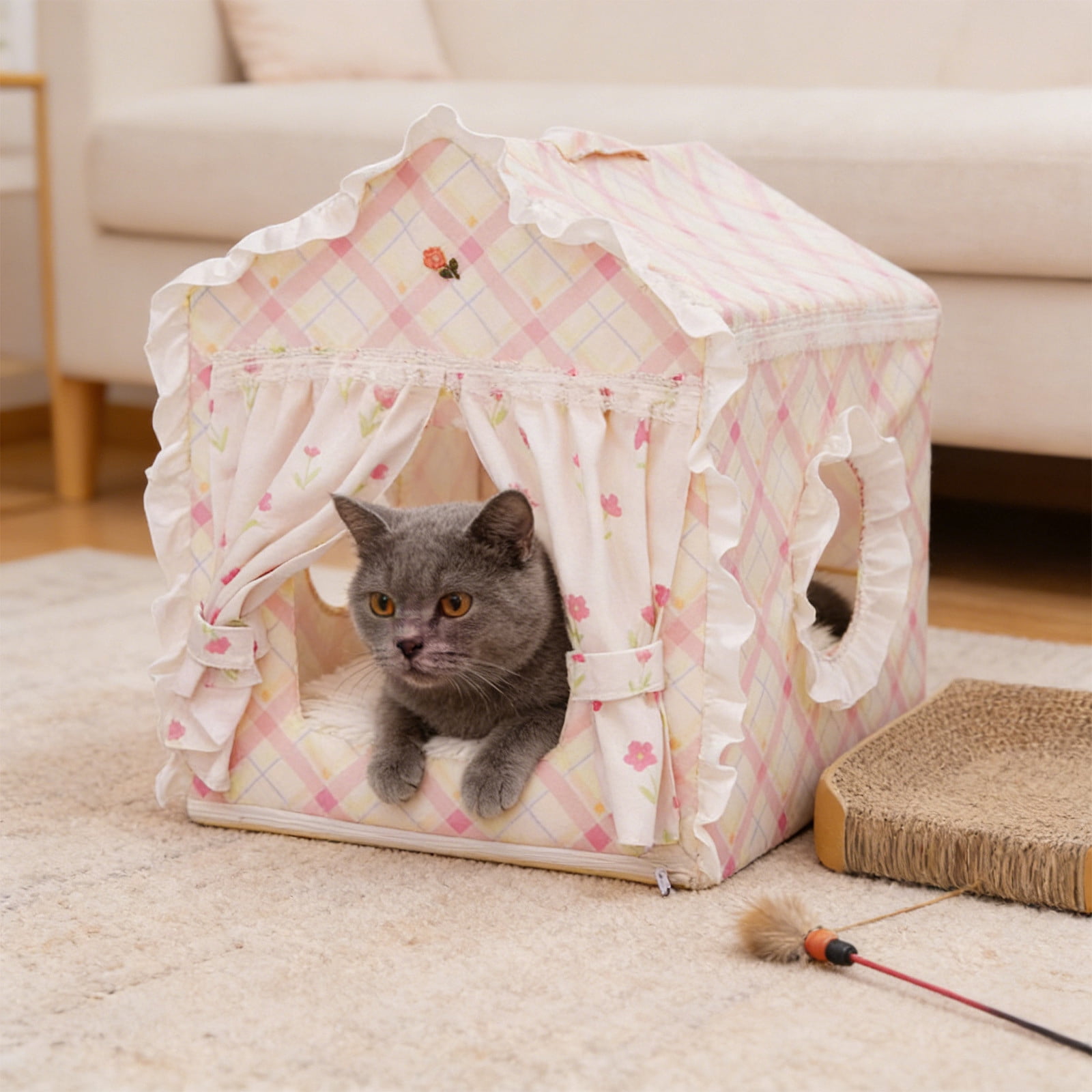 Indoor Dog House with Frame, Cute Dog Tent Bed with Cover Cave, Breathable, Washable, and Foldable House, Suitable for Puppy and Cats Pink