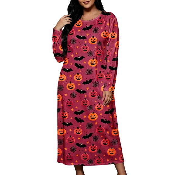 SAWOBUUN Women Plus Size Halloween Print Nightgown Long Sleeve Loose Casual Sleep Dress