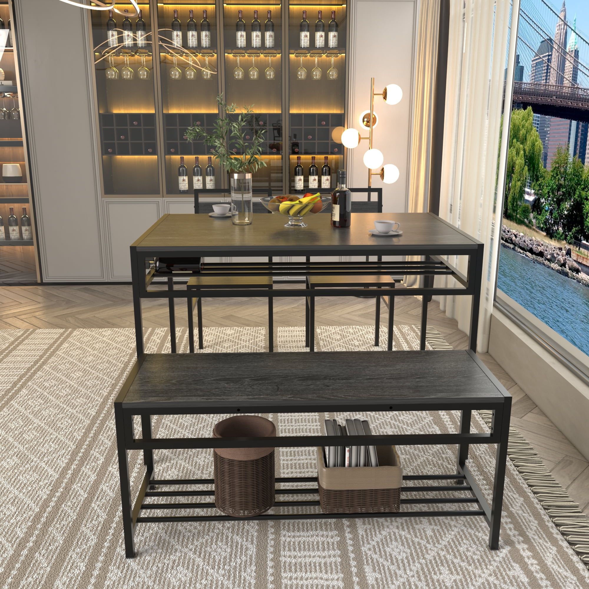 HOQBN 5 Piece Industrial Dining Table Set with 2 Dining Chairs & 1 Storage Bench,Wood Grain Rectangular Kitchen Table with Built-in Wine Rack, Metal Frame Space Saving Dinner Furniture