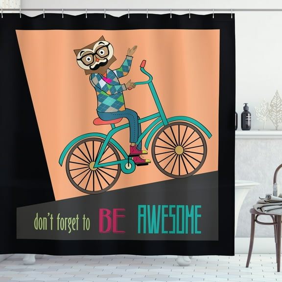 Geek Shower Curtain, Motivational Quote Don't Forget to Be Awesome and Hipster Owl Riding a Bike Pattern, Fabric Bathroom Set with Hooks, 69W X 70L Inches, Multicolor, by Ambesonne