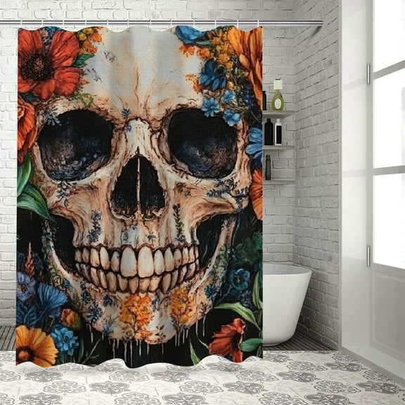 BCIIG Skull Flowers Plants Bathroom Shower Curtain Set with Hooks, Colorful Graphic Printed Polyester Cloth Luxury Modern Decor, Waterproof Blackout Bathroom Decor Set, Easy Installation 36"x72