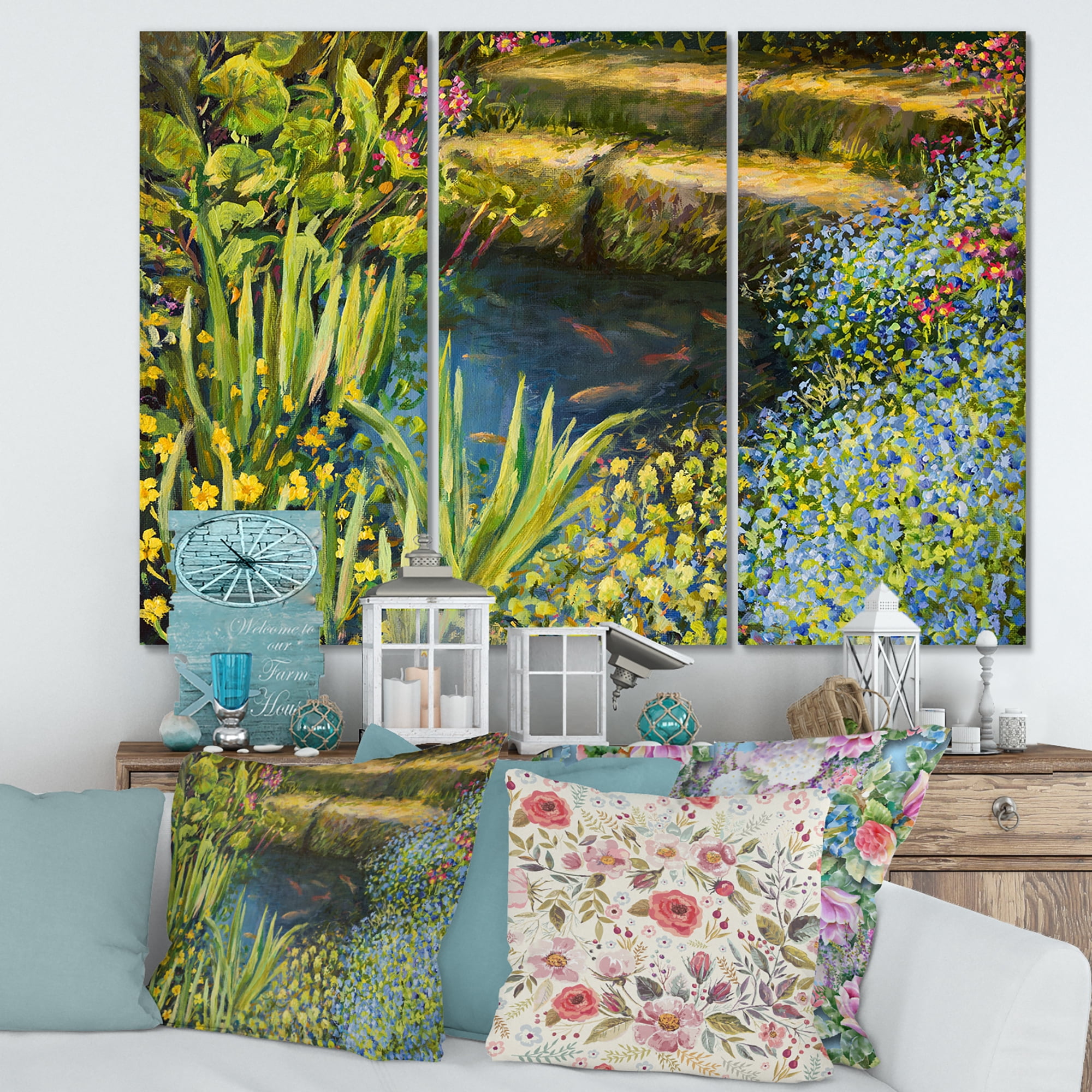 Designart ' Colorful Silence Flowers At The Lake Side ' Lake House Canvas Wall Art Print