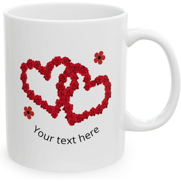 Personalized Rose Heart Mug – Custom White Ceramic Coffee Cup with Intertwined Red Rose Hearts And Your Text, Romantic Gift For Valentine’s Day, Anniversary, Or Loved Ones, 11oz