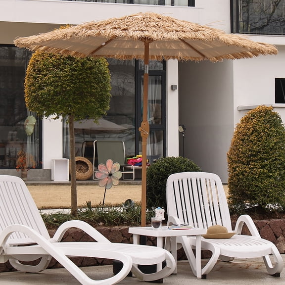 Autlaycil 7.5FT Grass Tiki Patio Umbrella Outdoor Table Umbrella with Push Button Tilt and Crank, Contain Umbrella Base