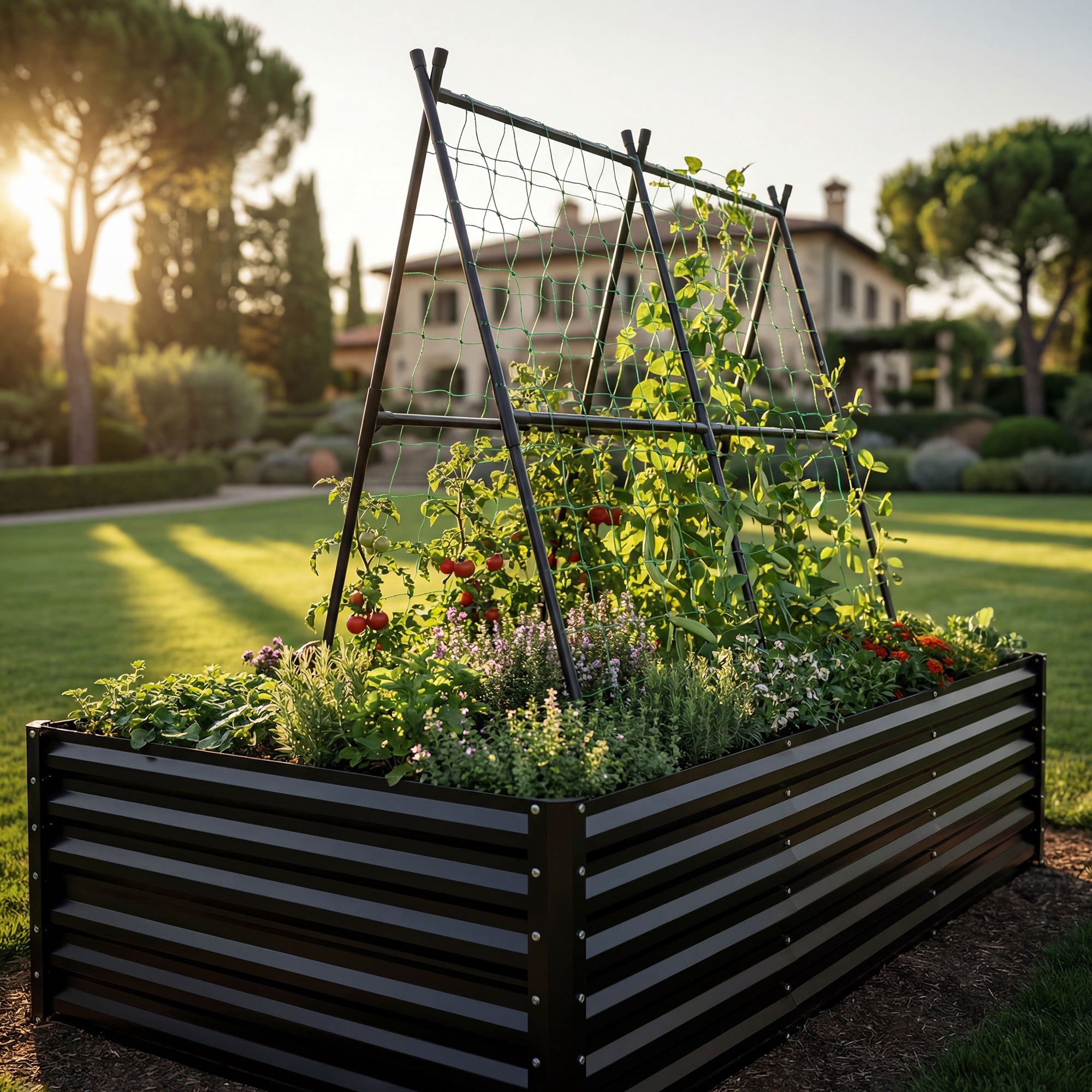 Uforic 8x4x2ft Galvanized Raised Garden Bed with Trellis, Metal Planter Box, Gloves, Black, Outdoor for Vegetables & Flowers