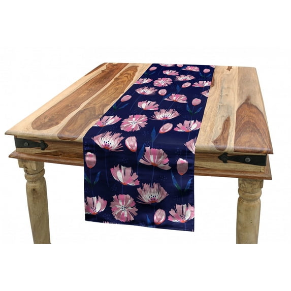 Floral Table Runner, Blooming Garden Art Pink Toned Poppy Flowers on Dark Colored Background Pattern, Dining Room Kitchen Rectangular Runner, 3 Sizes, by Ambesonne