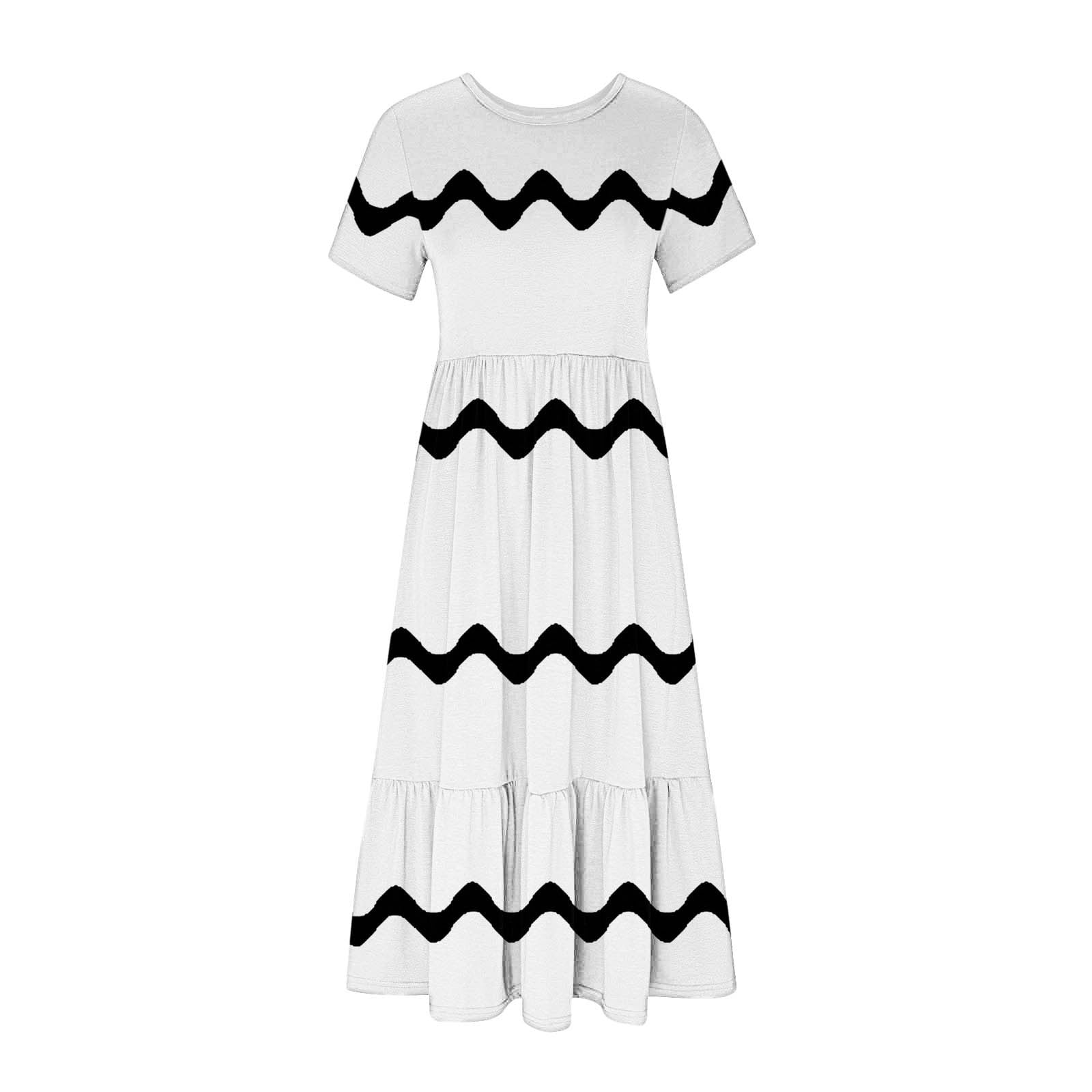 Womens Short Sleeve Mid Long Dress with Pockets Fashion Wave Striped Print Pleated Casual Tiered Maxi T-shirt Dress (X-Large, White)