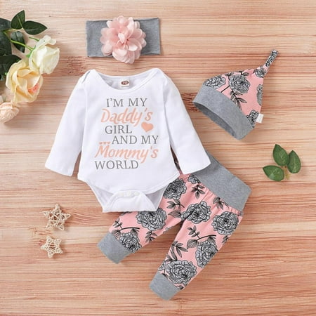 

Synpos Baby Girl Clothing Newborn Kids Baby Girls Outfits Clothes Romper Flower Printed Pants Set with Hat and Flower Headband for 0-3 Months