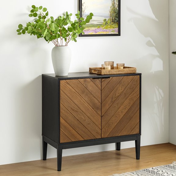2-door Storage Sideboard with Adjustable Shelf Metal Legs Oark Herribone Design Living Room Black