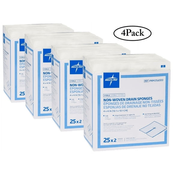 Medline Sterile Non-Woven Gauze Drain Sponges 4x4 In | 6-Ply | Box of 25 | 4PK