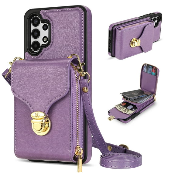 Nalacover Wallet Case for Samsung Galaxy A13 4G,with Removable Adjustable Shoulder Strap,PU Leather Back Zipper Pocket Card Holder Stand Purse Shockproof Phone Case for Women Men,Purple