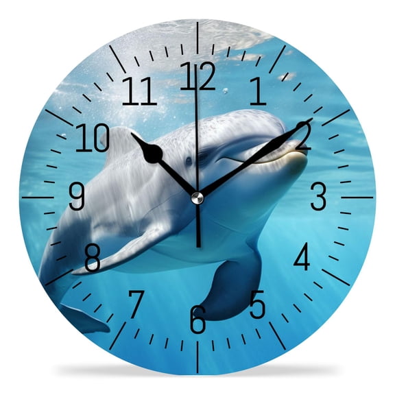 erolrail Rustic Wall Clock,Silent Non Ticking Wall Clocks for Living Room,Bedroom,Kitchen 12IN Funny Dolphin Swimming Illustration
