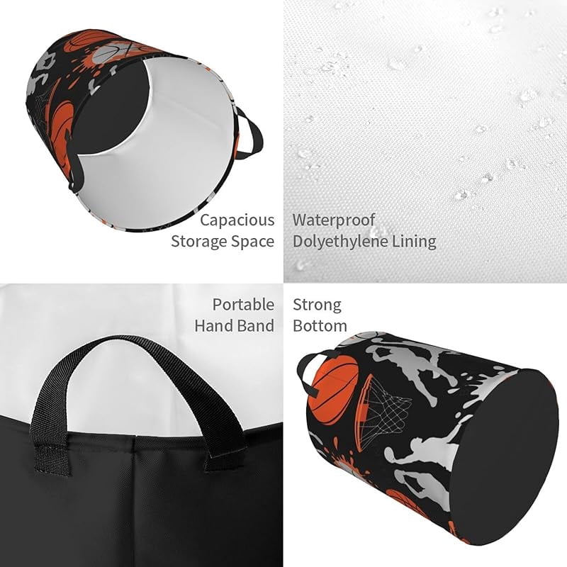 Basketball Sport Theme Laundry Hamper Bag With Waterproof Liner - Round Laundry Basket Foldable Clothes Storage Organizer For Bathroom Bedroom Nursery Dorm