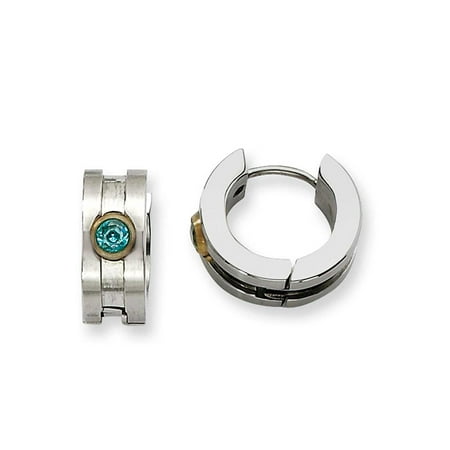 Tear Hoop - Stainless Steel Teal CZ & Yellow-plated Hinged Hoop Earrings