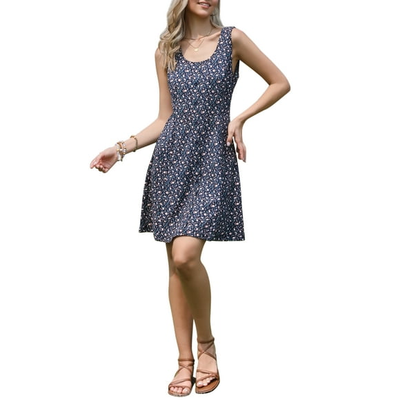 CURVY GLAM Women's Floral Square Neck Sleeveless Button Decor Casual Midi Dress L Dark Blue