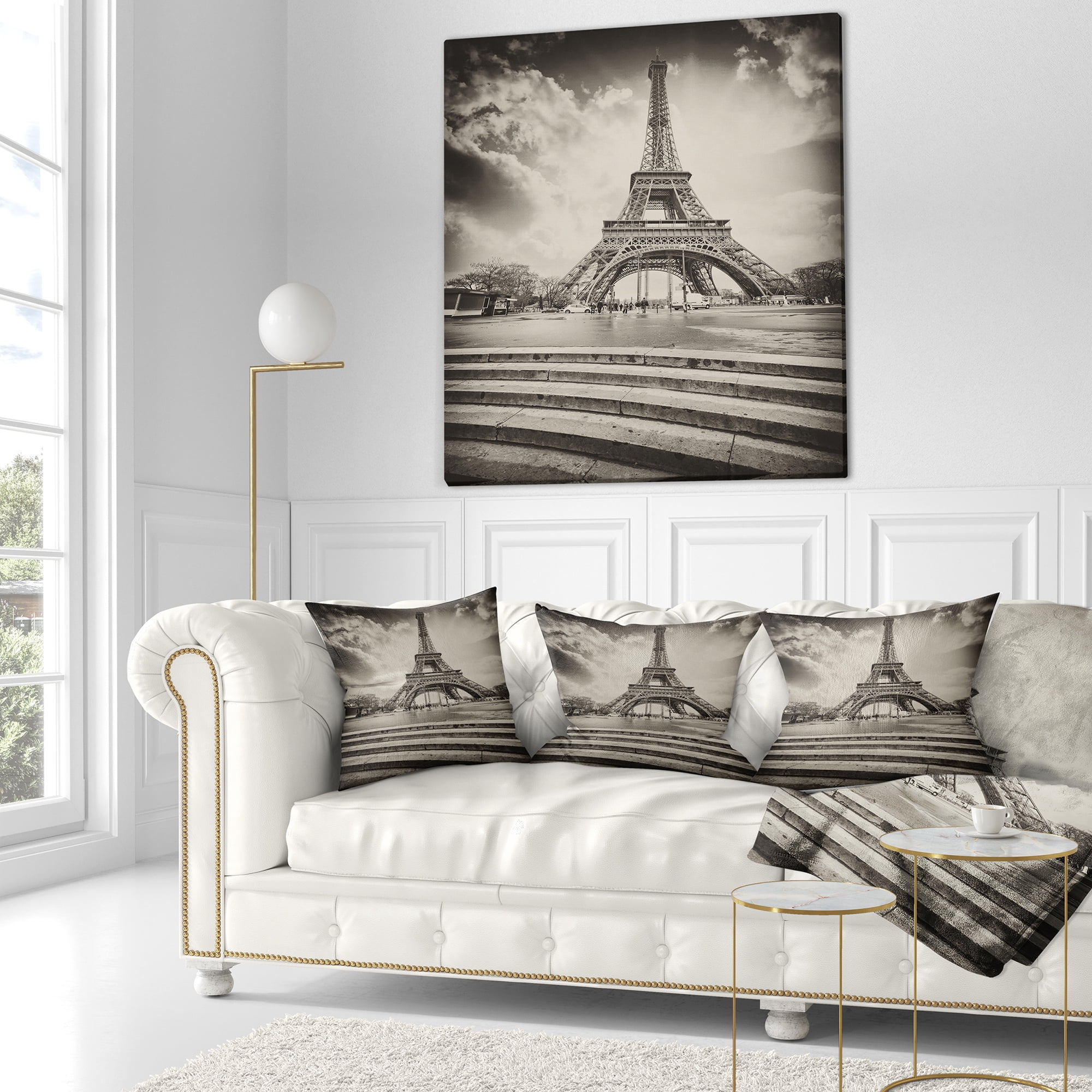 Designart Paris Eiffel Towerin Gray Shade - Landscape Photo Throw Pillow - 18x18