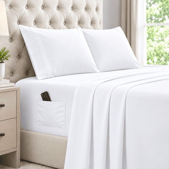 Naiade Queen Sheet Set 4 Piece, Soft Microfiber Bed Sheets with Side Storage Pocket, 15" Deep Pocket Fitted Sheet, Embroidered Pillowcase, White