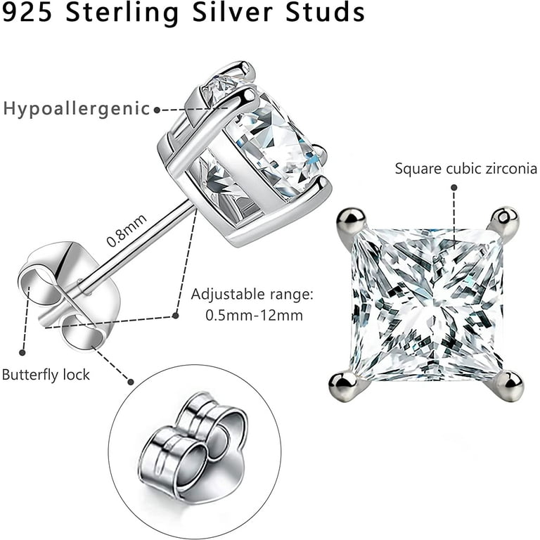 QWZNDZGR Silver Cubic Zirconia Stud Earrings Set, 18K White Gold Plated  Round Square Princess Cut Clear Cubic Zirconia Studs, Stainless Steel Hypoallergenic  Earrings Studs for Women Men Gift 
