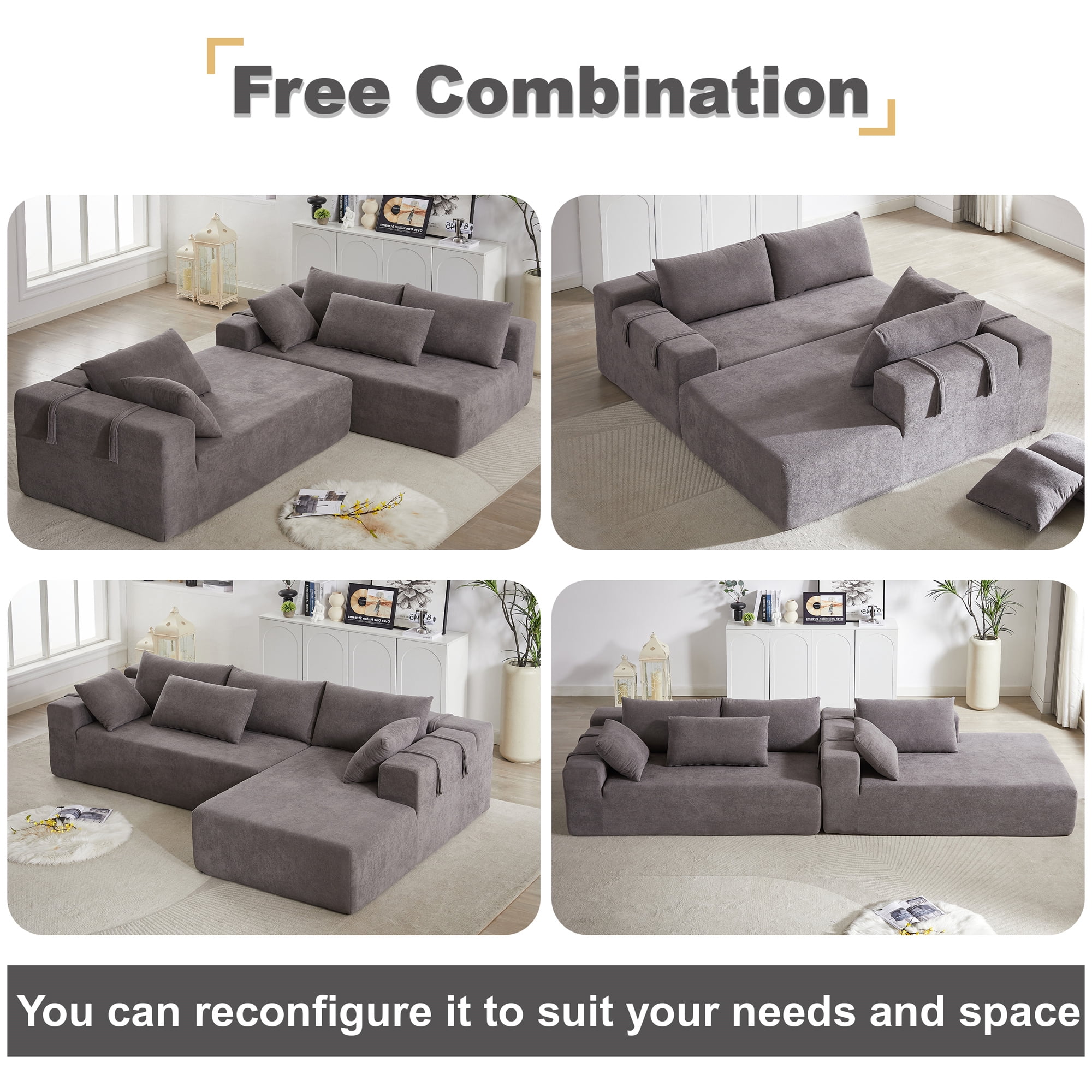 Aukfa 108" Modular Sectional Couch, Deep Seat Cloud Sofa with 6 Pillows, No Assembly, Left Chaise, Gray
