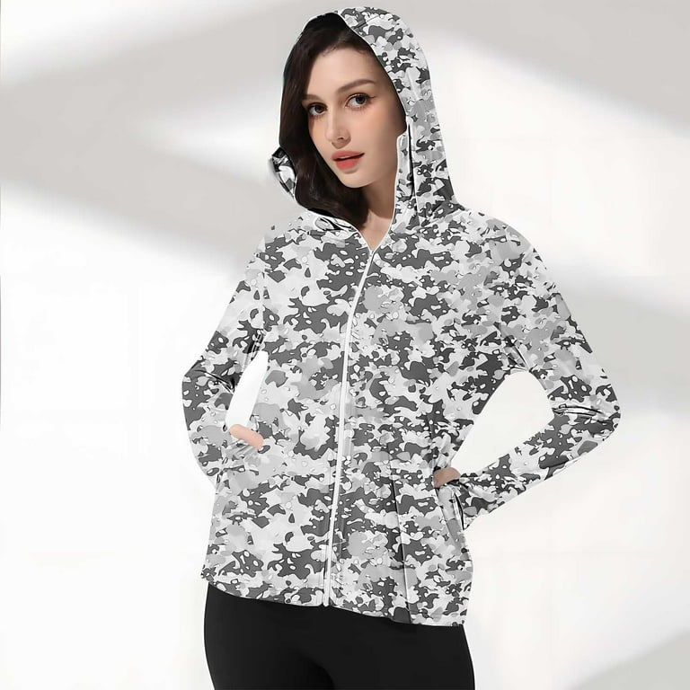 QUNYINEY Camouflage Lightweight Jacket Women Zip Up Casual Hooded