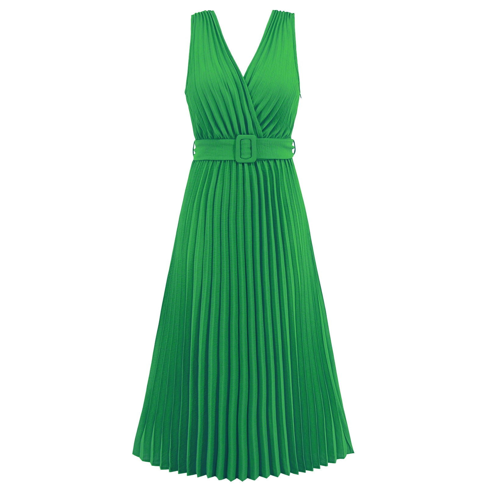 Clodeeu Women's Halter Neck Pleated Sleeveless Midi Dress with Belted , Casual Party Cocktail Dress Green,Womens Plus S, Size: Small