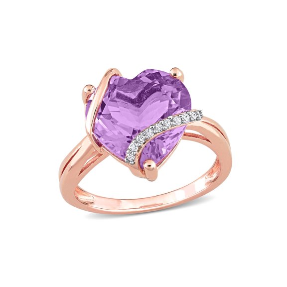 6.50 Carat (Ctw) Amethyst Promise Heart Ring in Rose Plated Sterling Silver with Accent Diamonds for Women