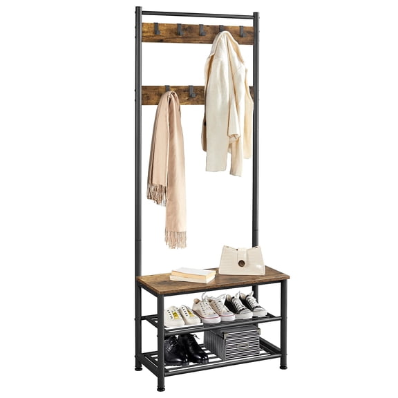 Coat Rack, 3-in-1 Hall Tree with Bench and Shoe Storage, Freestanding Entryway Bench with 9 Hooks and 3 Shelves, Industrial Organizer for Mudroom, Foyer, Hall, Rustic Brown