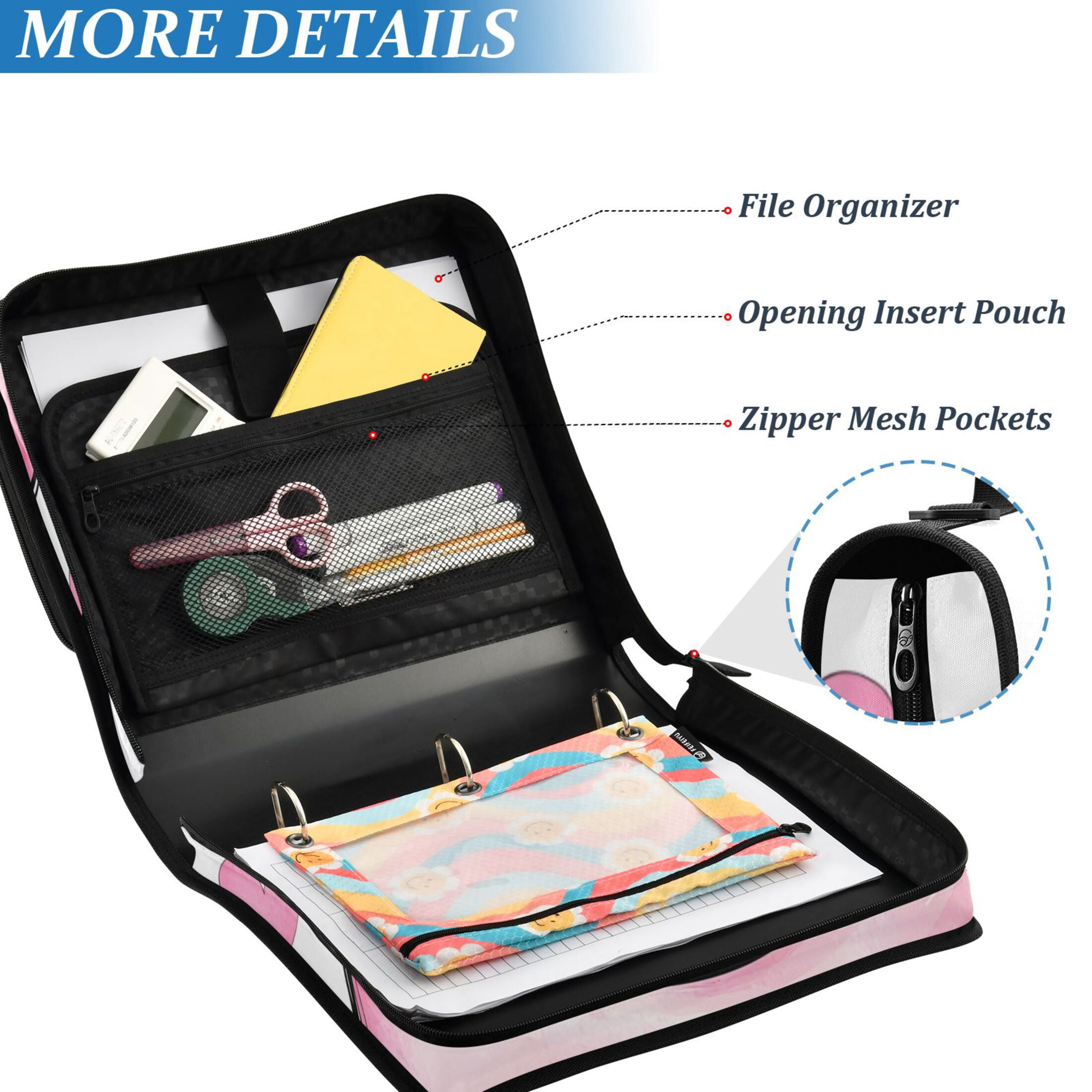 3 Ring Zipper Binder with Shoulder Strap Waterproof Trapper Keeper 2 Inch D-Ring 500 Sheets Capacity Cute Pink Pig and Heart