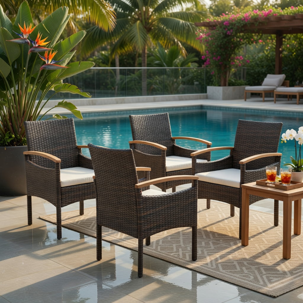 Hommoo Acacia Wood & PE Rattan Patio Dining Chairs Set of 2, Heavy-Duty Metal Frame, Ergonomic Design for Backyard, Poolside & Balcony, Off-White