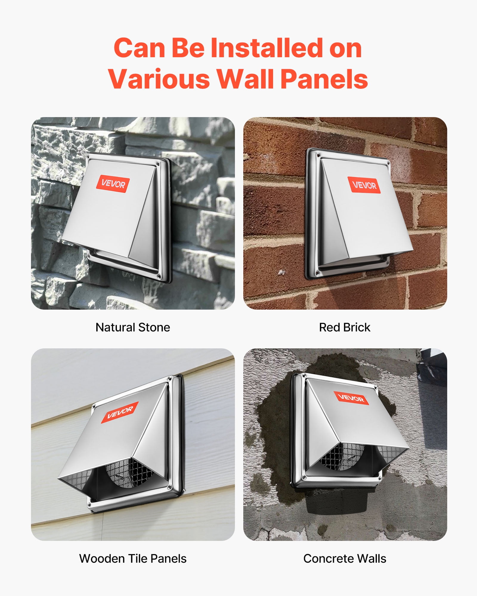VEVOR 6 inch External Extractor Wall Vent Cover, Square AC Vent Gable Cover, Premium Stainless Steel & with Built-in a Protection Screen, for House,Bathroom,Garage,Kitchen,Basement (1 Pack, Silver)