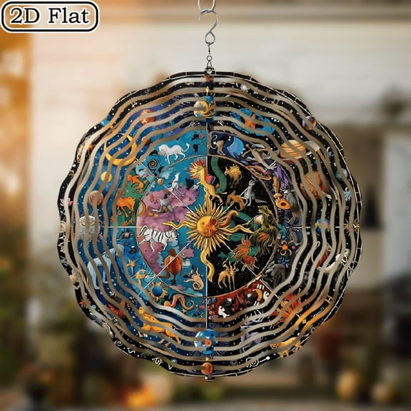 3D Rotating Wind Chime _ Wheel of the Year Zodiac _- 10*10 Inch Stainless Steel Wind Spinner for Yard, Garden, Outdoor Decor - Multicolor Holiday Decoration